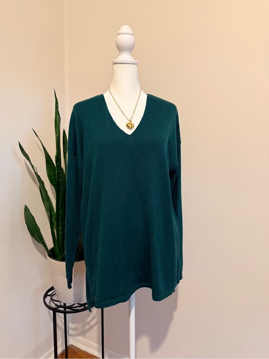 INC International Concepts Sweaters - INC International Concepts Dark Green V-Neck Tunic Sparkle Sweater Womens Large